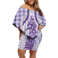 Aloha Hawaii Palaka Family Matching Off Shoulder Short Dress and Hawaiian Shirt Purple Plumeria Lei - Polynesian Pride