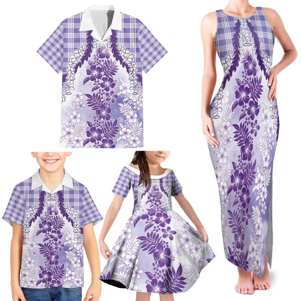 Aloha Hawaii Palaka Family Matching Tank Maxi Dress and Hawaiian Shirt Purple Plumeria Lei - Polynesian Pride