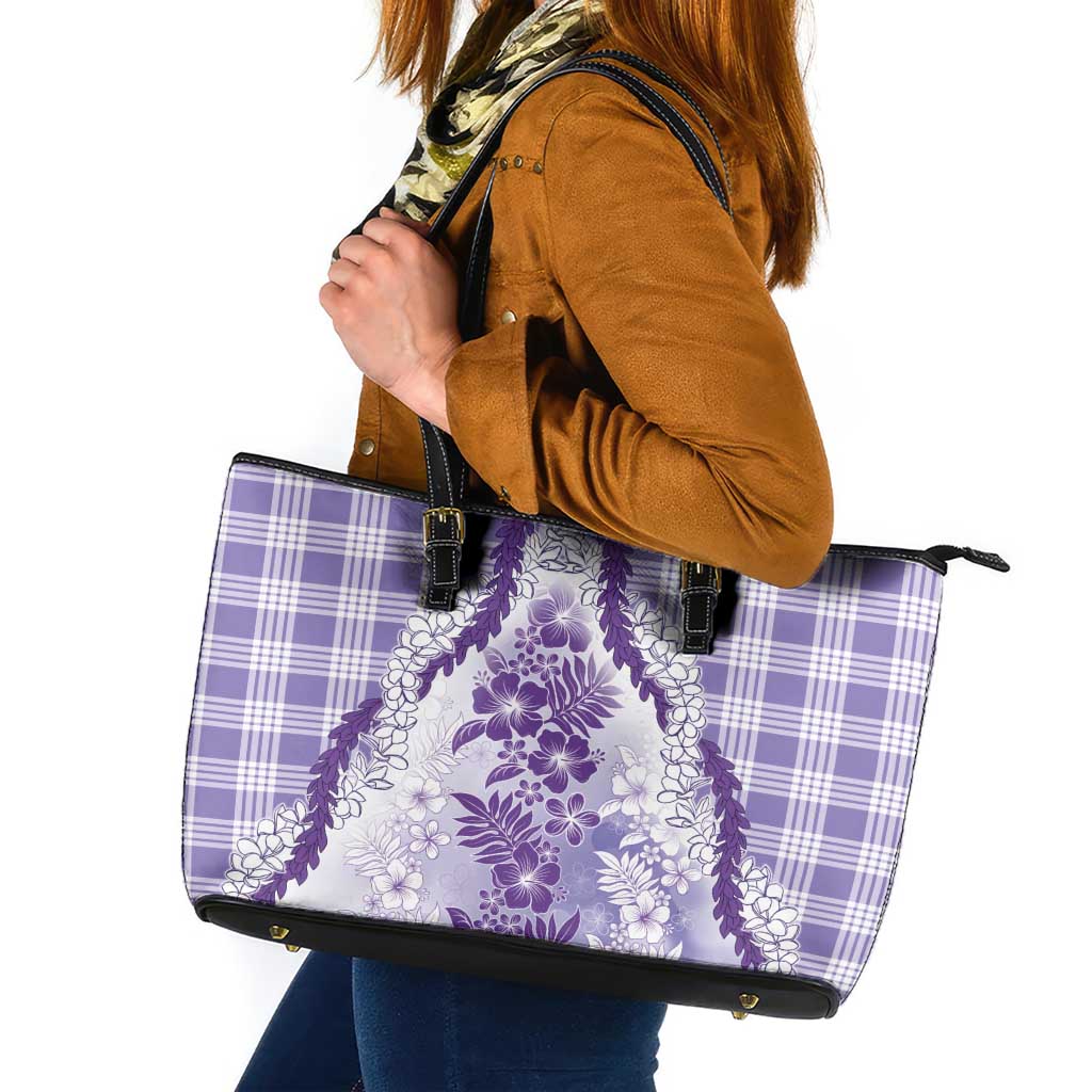 Aloha Hawaii Palaka Leather Tote Bag Purple Plumeria Lei - Polynesian Pride