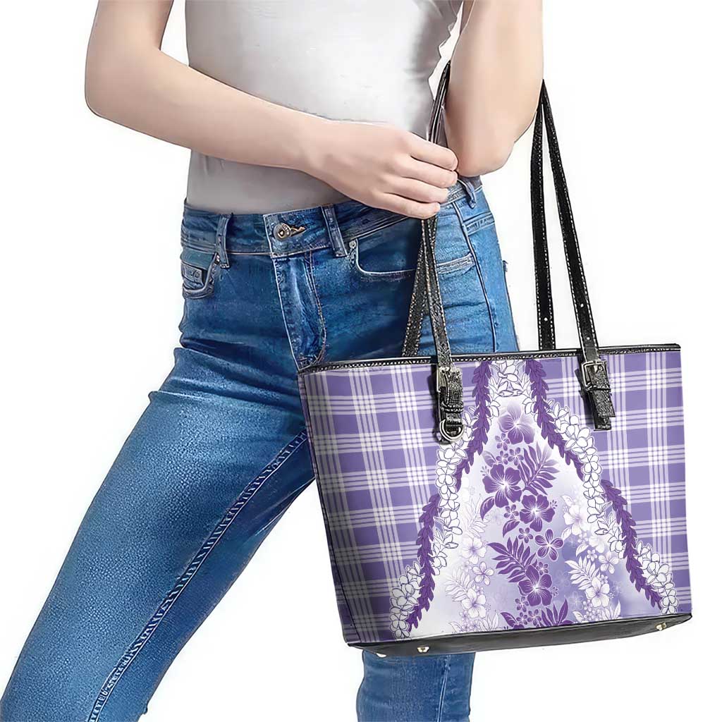 Aloha Hawaii Palaka Leather Tote Bag Purple Plumeria Lei - Polynesian Pride