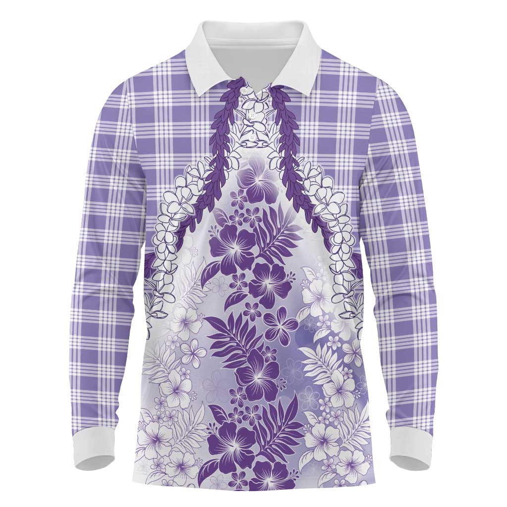 Aloha Hawaii Palaka Long Sleeve Polo Shirt Purple Plumeria Lei - Polynesian Pride