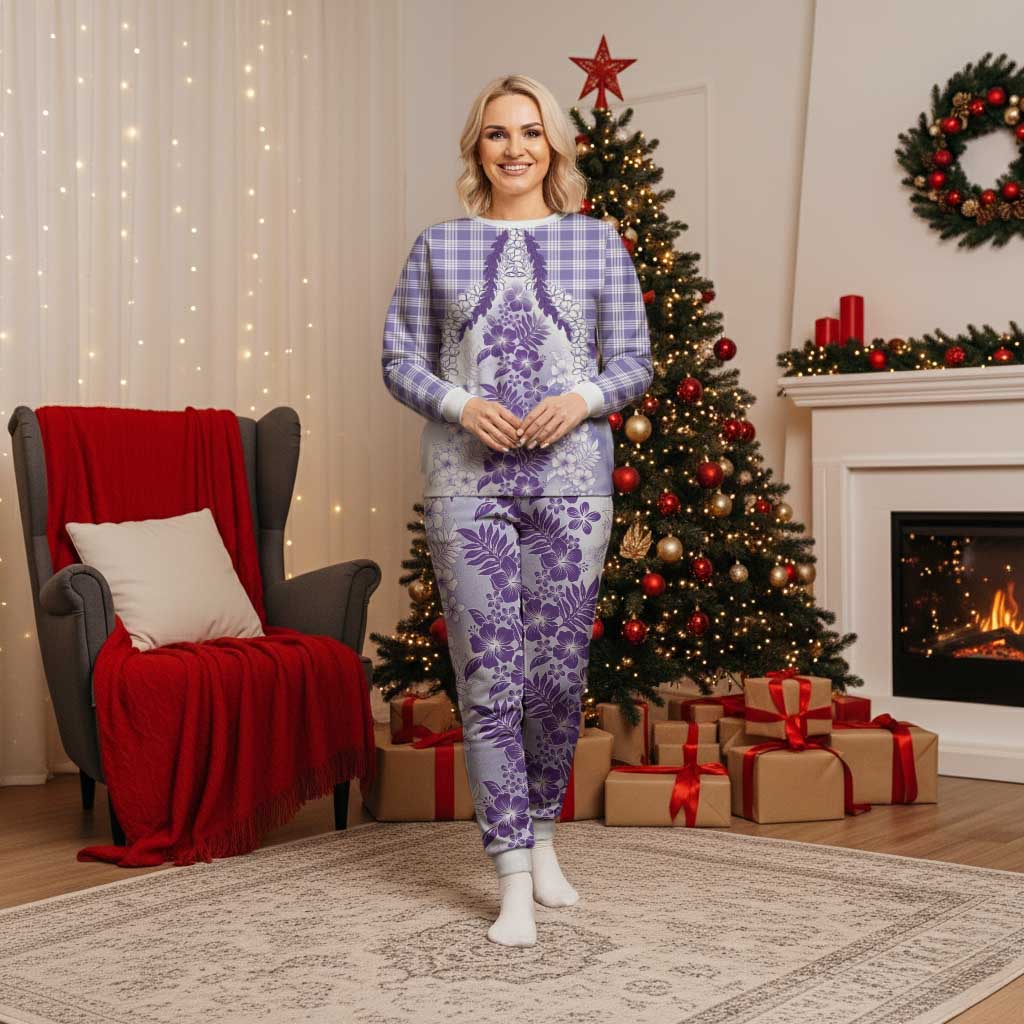 Aloha Hawaii Palaka Christmas Pajama Set Purple Plumeria Lei - Polynesian Pride