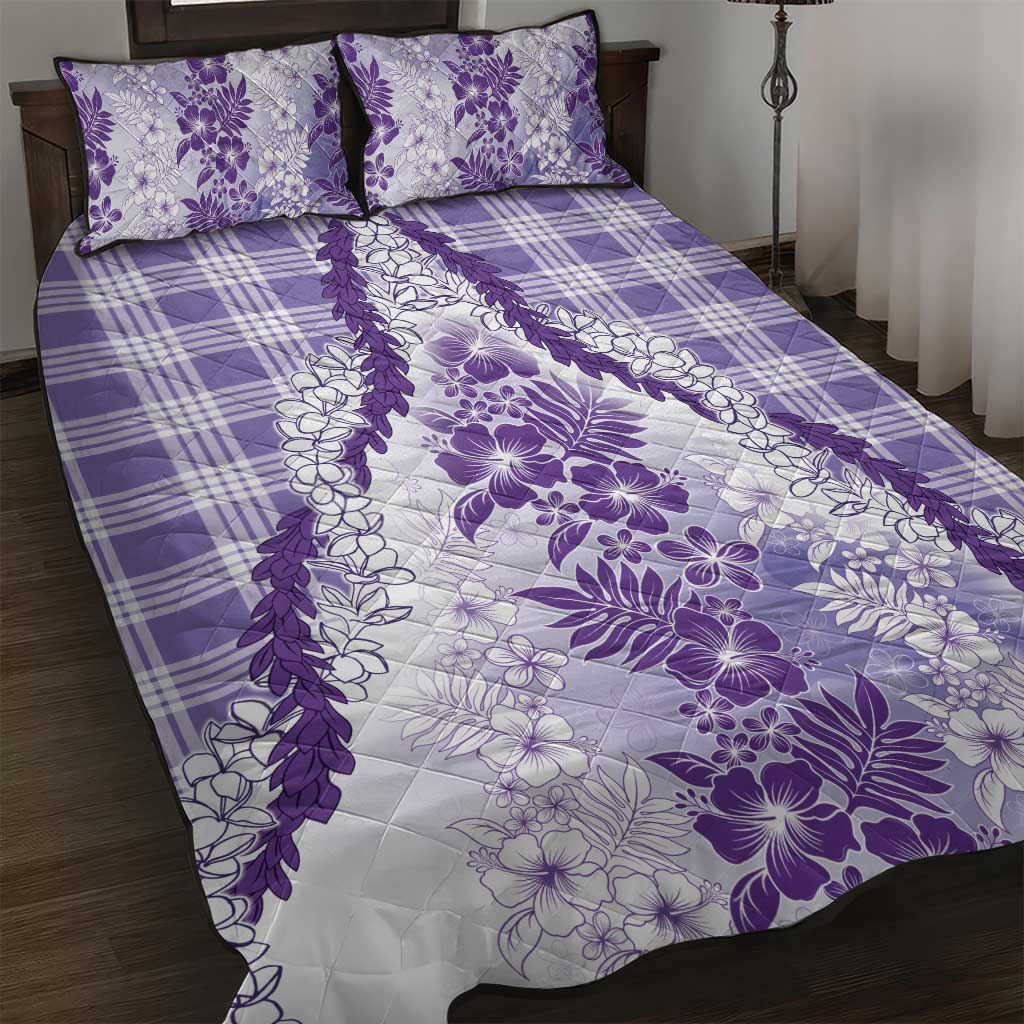 Aloha Hawaii Palaka Quilt Bed Set Purple Plumeria Lei - Polynesian Pride