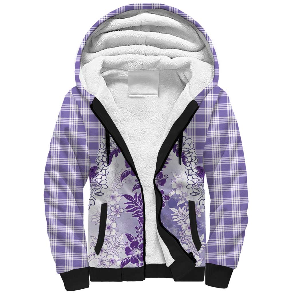 Aloha Hawaii Palaka Sherpa Hoodie Purple Plumeria Lei - Polynesian Pride