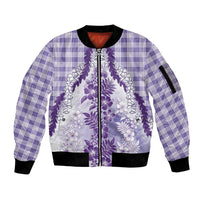 Aloha Hawaii Palaka Sleeve Zip Bomber Jacket Purple Plumeria Lei - Polynesian Pride