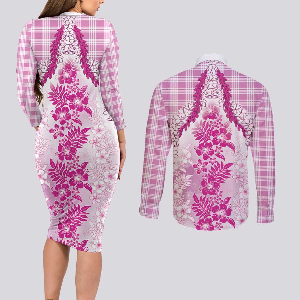 Aloha Hawaii Palaka Couples Matching Long Sleeve Bodycon Dress and Long Sleeve Button Shirt Pink Plumeria Lei - Polynesian Pride