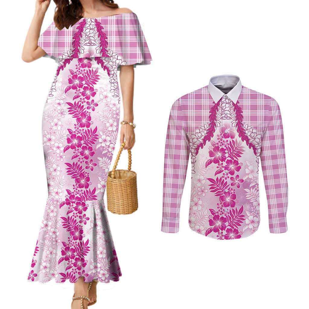 Aloha Hawaii Palaka Couples Matching Mermaid Dress and Long Sleeve Button Shirt Pink Plumeria Lei - Polynesian Pride