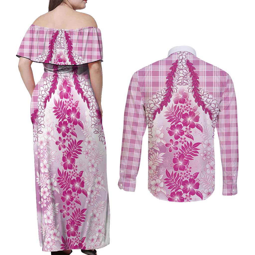 Aloha Hawaii Palaka Couples Matching Off Shoulder Maxi Dress and Long Sleeve Button Shirt Pink Plumeria Lei - Polynesian Pride
