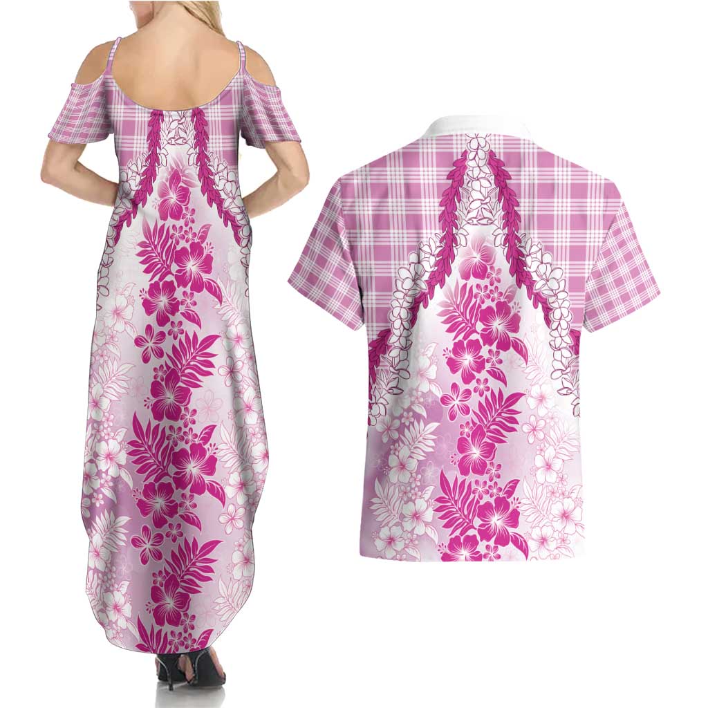 Aloha Hawaii Palaka Couples Matching Summer Maxi Dress and Hawaiian Shirt Pink Plumeria Lei - Polynesian Pride