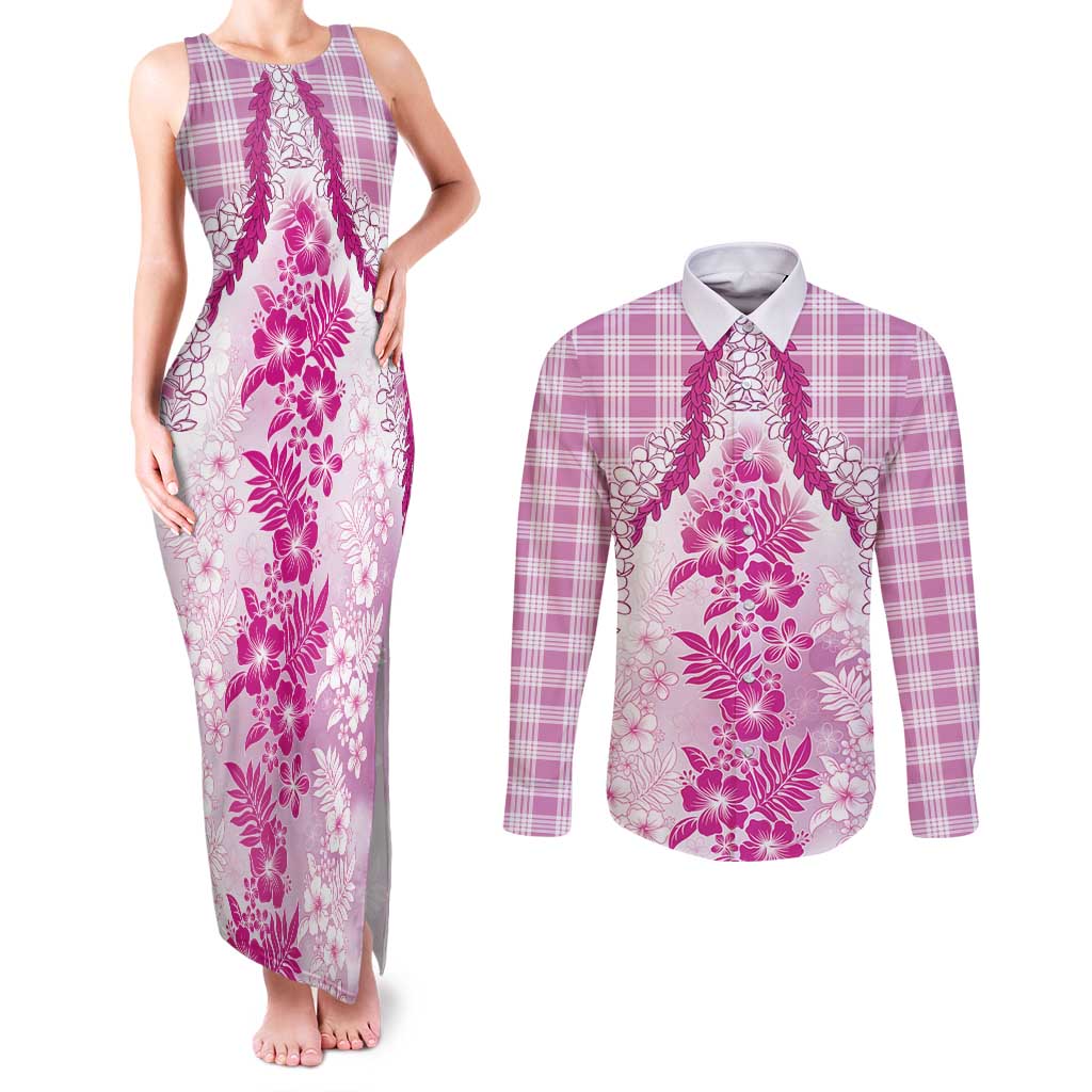 Aloha Hawaii Palaka Couples Matching Tank Maxi Dress and Long Sleeve Button Shirt Pink Plumeria Lei - Polynesian Pride