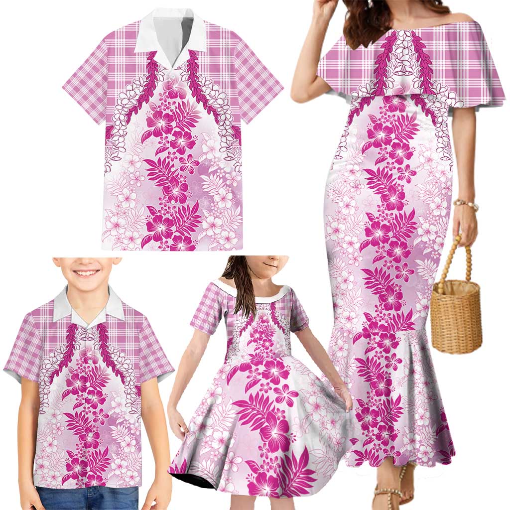Aloha Hawaii Palaka Family Matching Mermaid Dress and Hawaiian Shirt Pink Plumeria Lei - Polynesian Pride