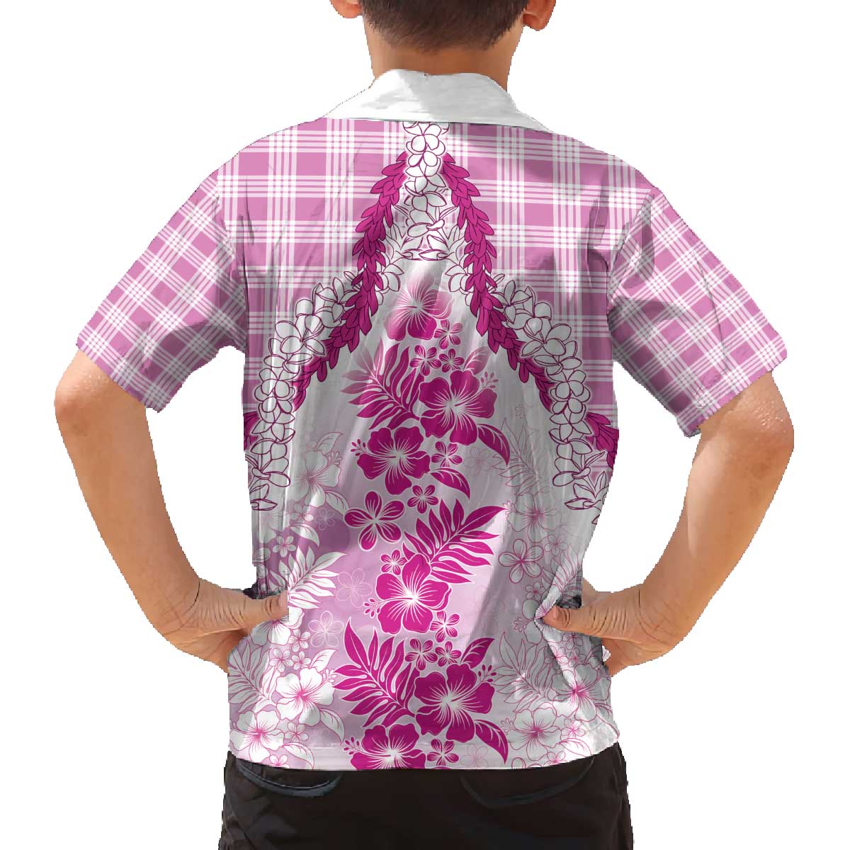 Aloha Hawaii Palaka Family Matching Off The Shoulder Long Sleeve Dress and Hawaiian Shirt Pink Plumeria Lei - Polynesian Pride