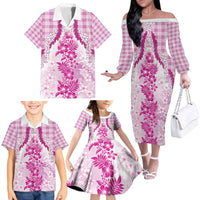 Aloha Hawaii Palaka Family Matching Off The Shoulder Long Sleeve Dress and Hawaiian Shirt Pink Plumeria Lei - Polynesian Pride