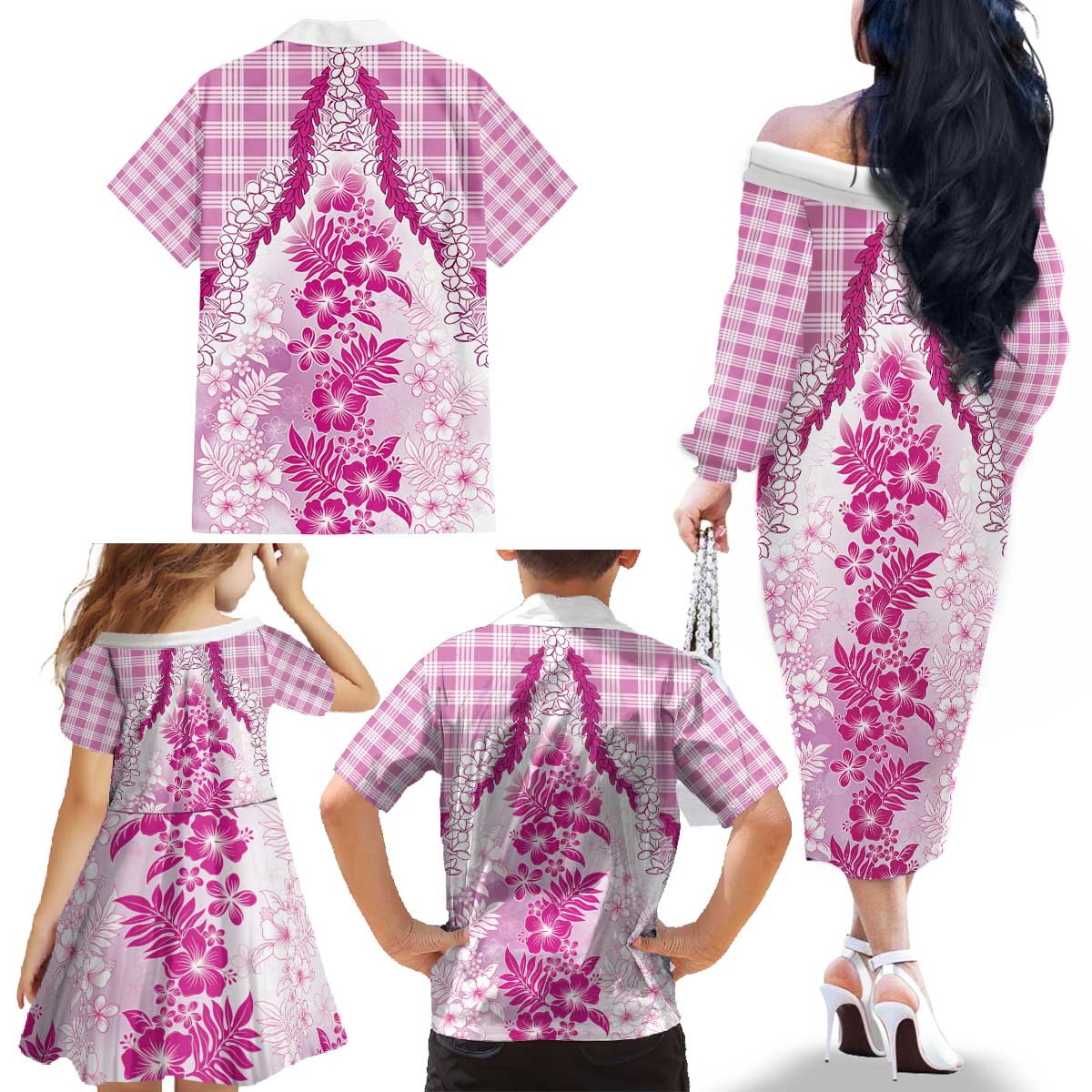 Aloha Hawaii Palaka Family Matching Off The Shoulder Long Sleeve Dress and Hawaiian Shirt Pink Plumeria Lei - Polynesian Pride