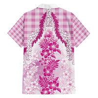 Aloha Hawaii Palaka Family Matching Off The Shoulder Long Sleeve Dress and Hawaiian Shirt Pink Plumeria Lei - Polynesian Pride