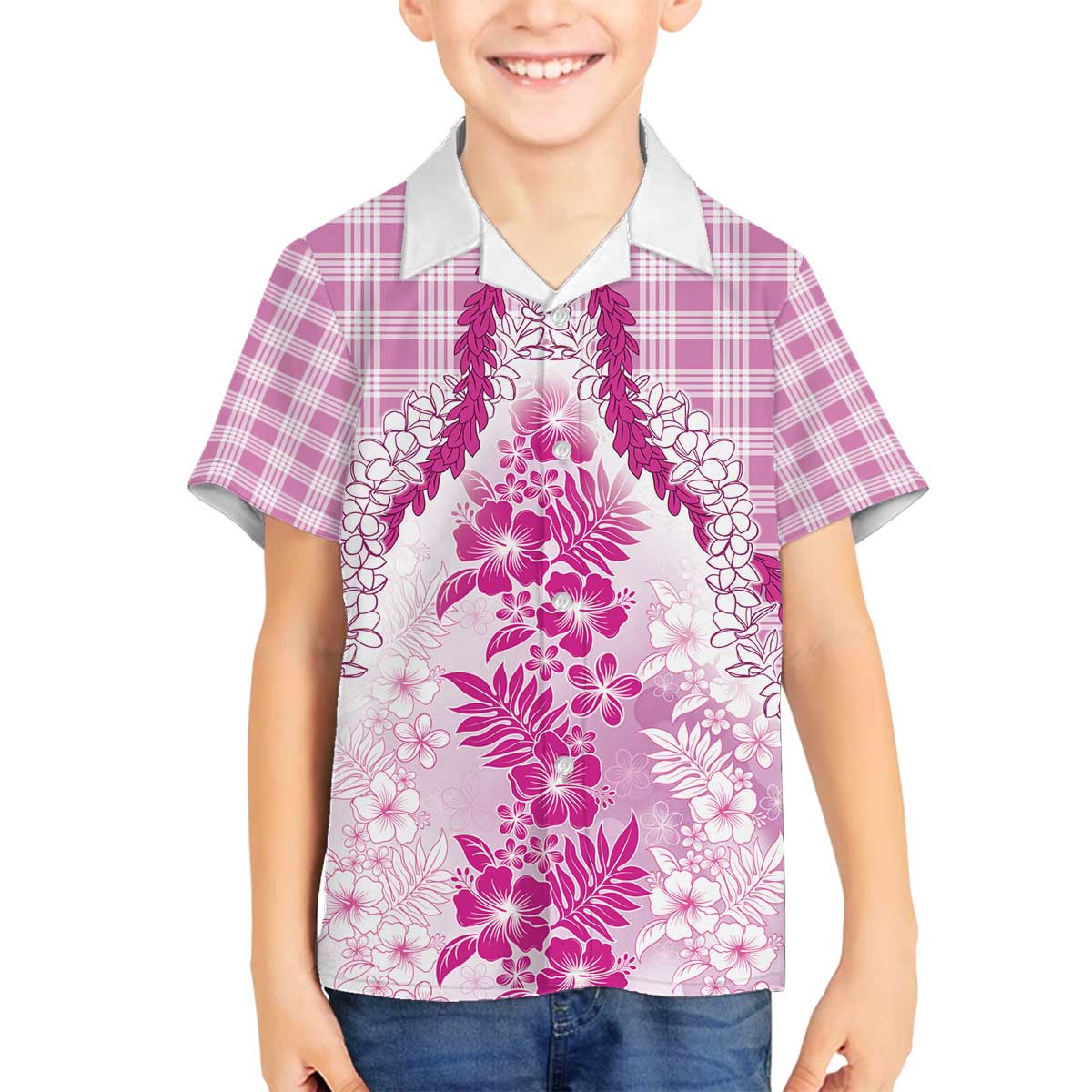 Aloha Hawaii Palaka Family Matching Off The Shoulder Long Sleeve Dress and Hawaiian Shirt Pink Plumeria Lei - Polynesian Pride