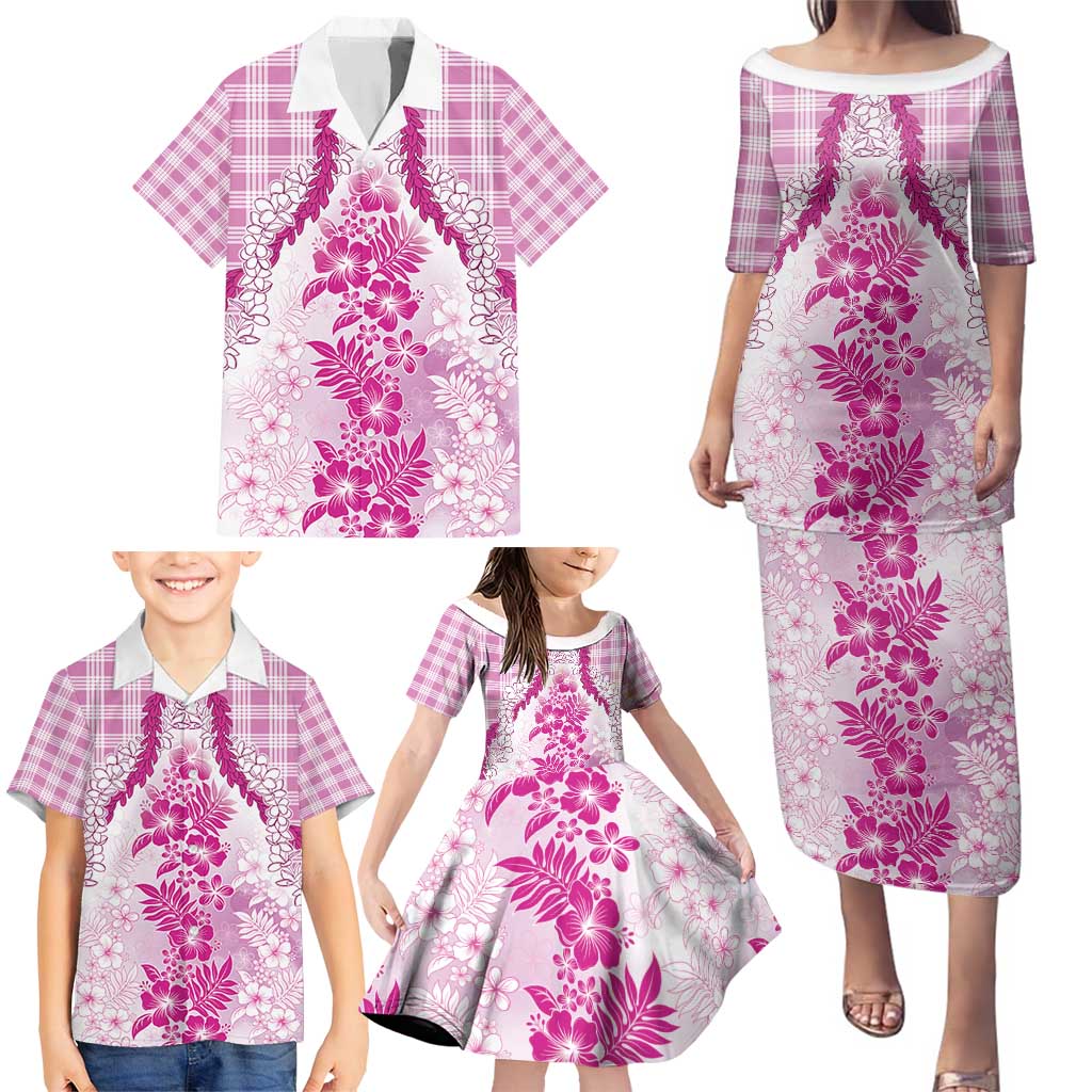 Aloha Hawaii Palaka Family Matching Puletasi and Hawaiian Shirt Pink Plumeria Lei - Polynesian Pride