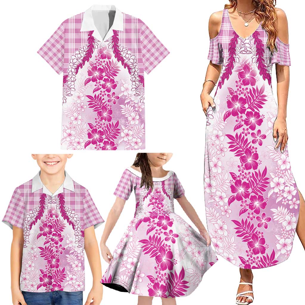Aloha Hawaii Palaka Family Matching Summer Maxi Dress and Hawaiian Shirt Pink Plumeria Lei - Polynesian Pride