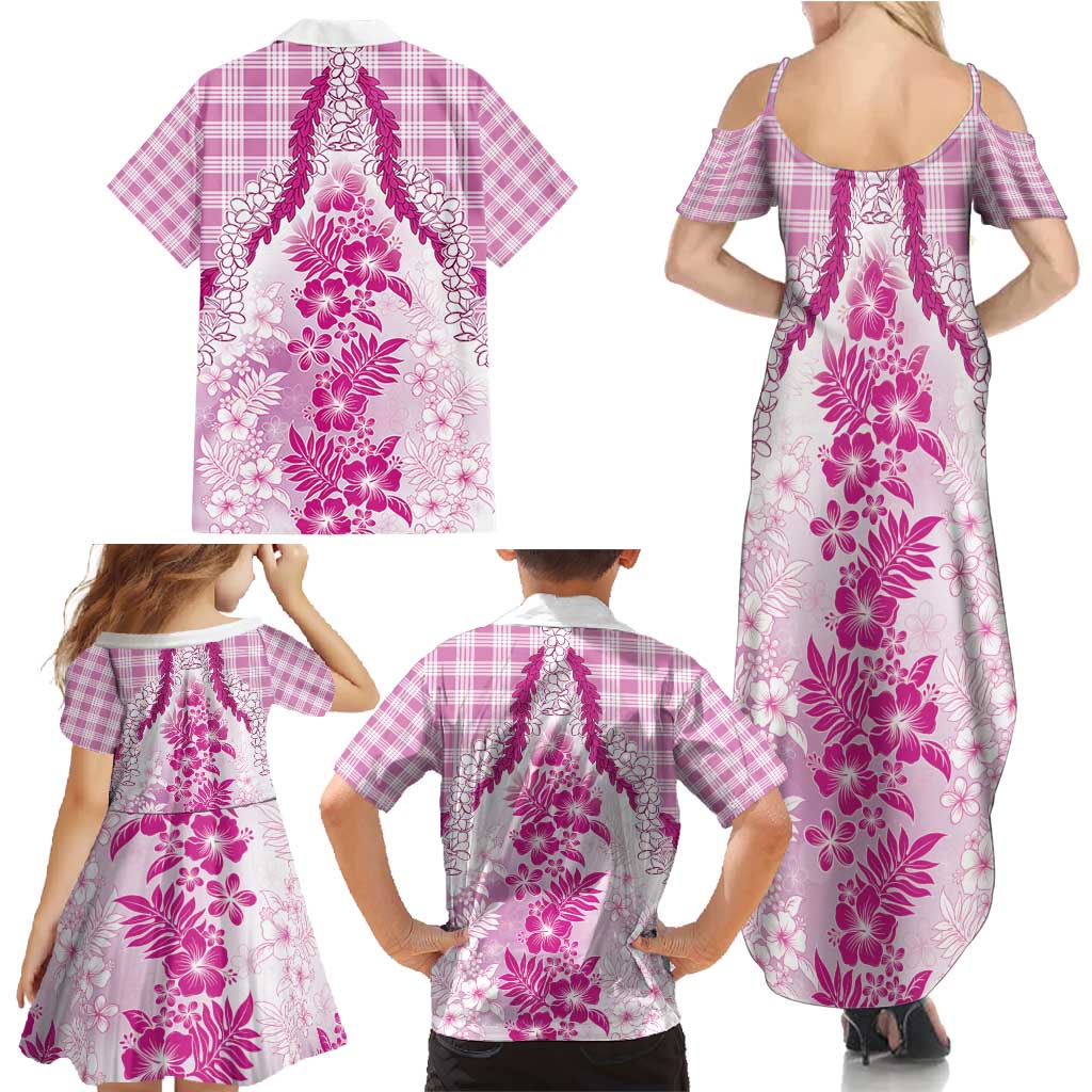 Aloha Hawaii Palaka Family Matching Summer Maxi Dress and Hawaiian Shirt Pink Plumeria Lei - Polynesian Pride