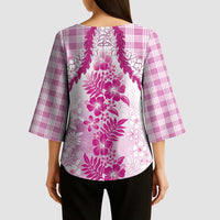 Aloha Hawaii Palaka Kimono Sleeve Blouse Pink Plumeria Lei - Polynesian Pride