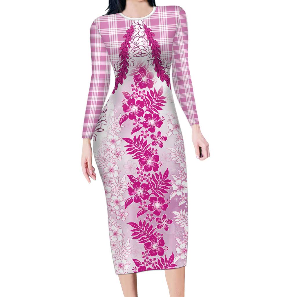 Aloha Hawaii Palaka Long Sleeve Bodycon Dress Pink Plumeria Lei - Polynesian Pride