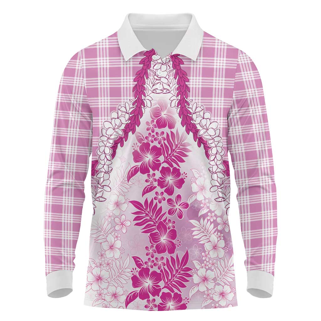 Aloha Hawaii Palaka Long Sleeve Polo Shirt Pink Plumeria Lei - Polynesian Pride