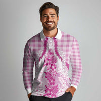 Aloha Hawaii Palaka Long Sleeve Polo Shirt Pink Plumeria Lei - Polynesian Pride
