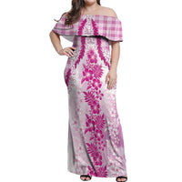 Aloha Hawaii Palaka Off Shoulder Maxi Dress Pink Plumeria Lei - Polynesian Pride