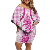 Aloha Hawaii Palaka Off Shoulder Short Dress Pink Plumeria Lei - Polynesian Pride