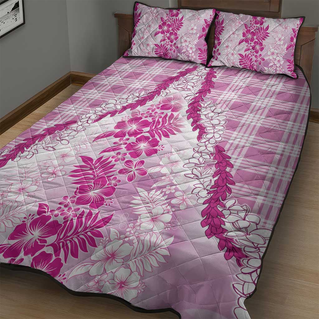 Aloha Hawaii Palaka Quilt Bed Set Pink Plumeria Lei - Polynesian Pride