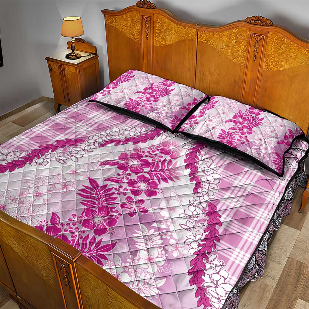 Aloha Hawaii Palaka Quilt Bed Set Pink Plumeria Lei - Polynesian Pride