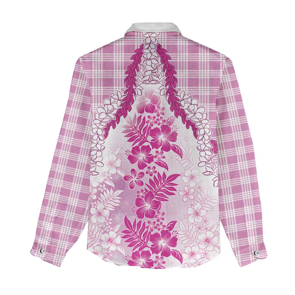 Aloha Hawaii Palaka Women Casual Shirt Pink Plumeria Lei - Polynesian Pride