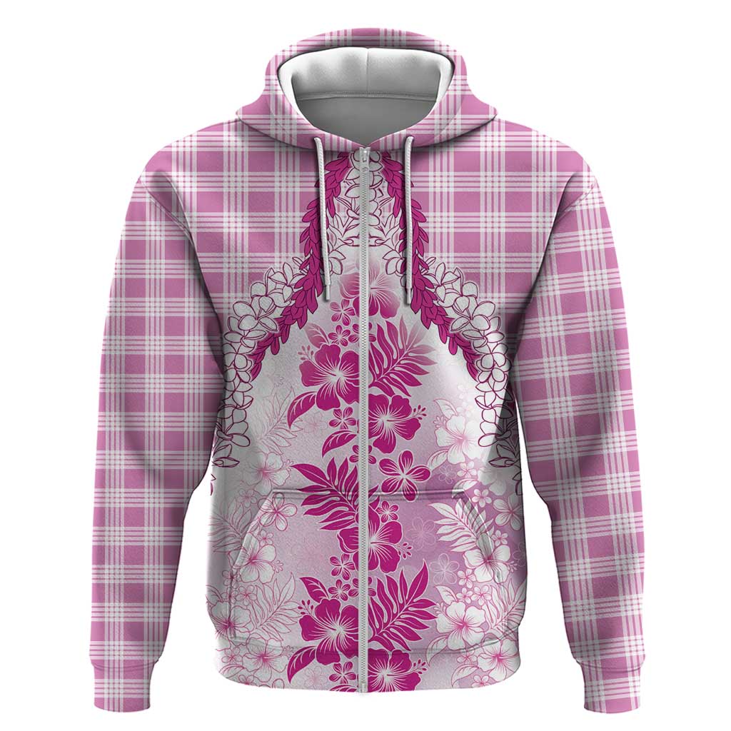 Aloha Hawaii Palaka Zip Hoodie Pink Plumeria Lei - Polynesian Pride