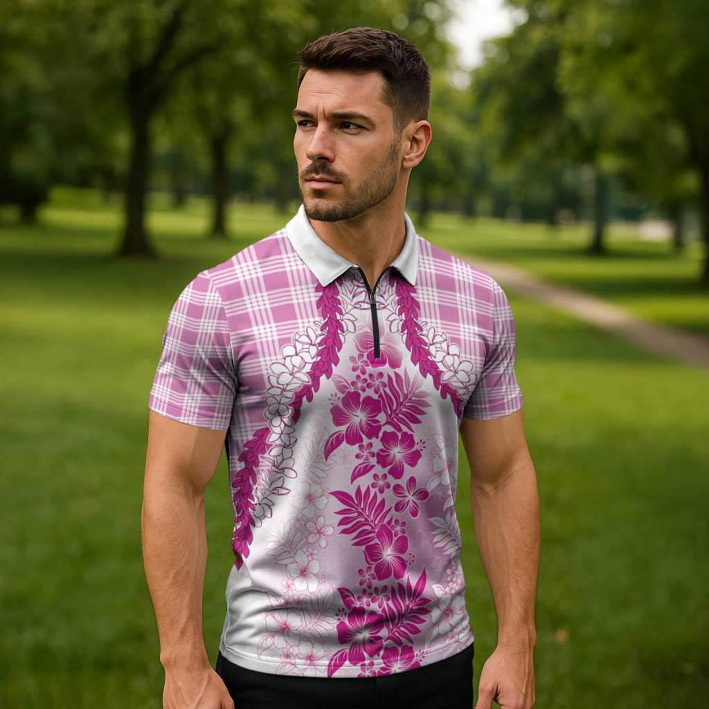 Aloha Hawaii Palaka Zipper Polo Shirt Pink Plumeria Lei - Polynesian Pride