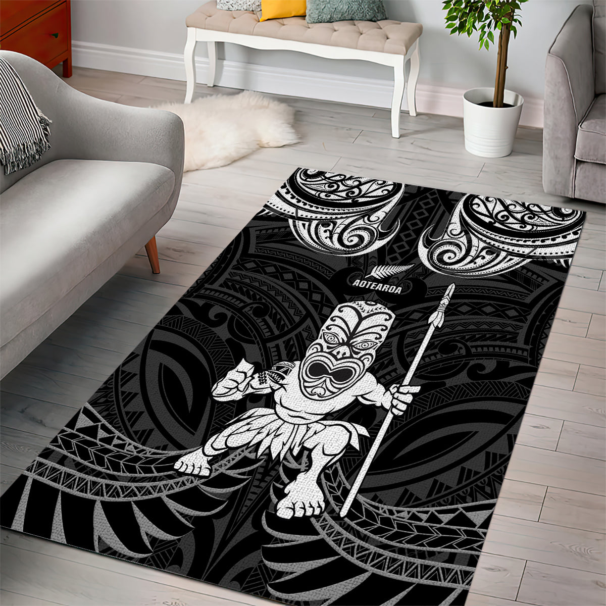 New Zealand Maori Taiaha Area Rug Tiki Warrior Black LT05 - Polynesian Pride
