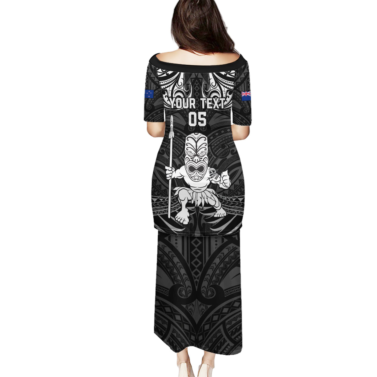 Custom New Zealand Maori Taiaha Family Matching Puletasi and Hawaiian Shirt Tiki Warrior Black LT05 - Polynesian Pride