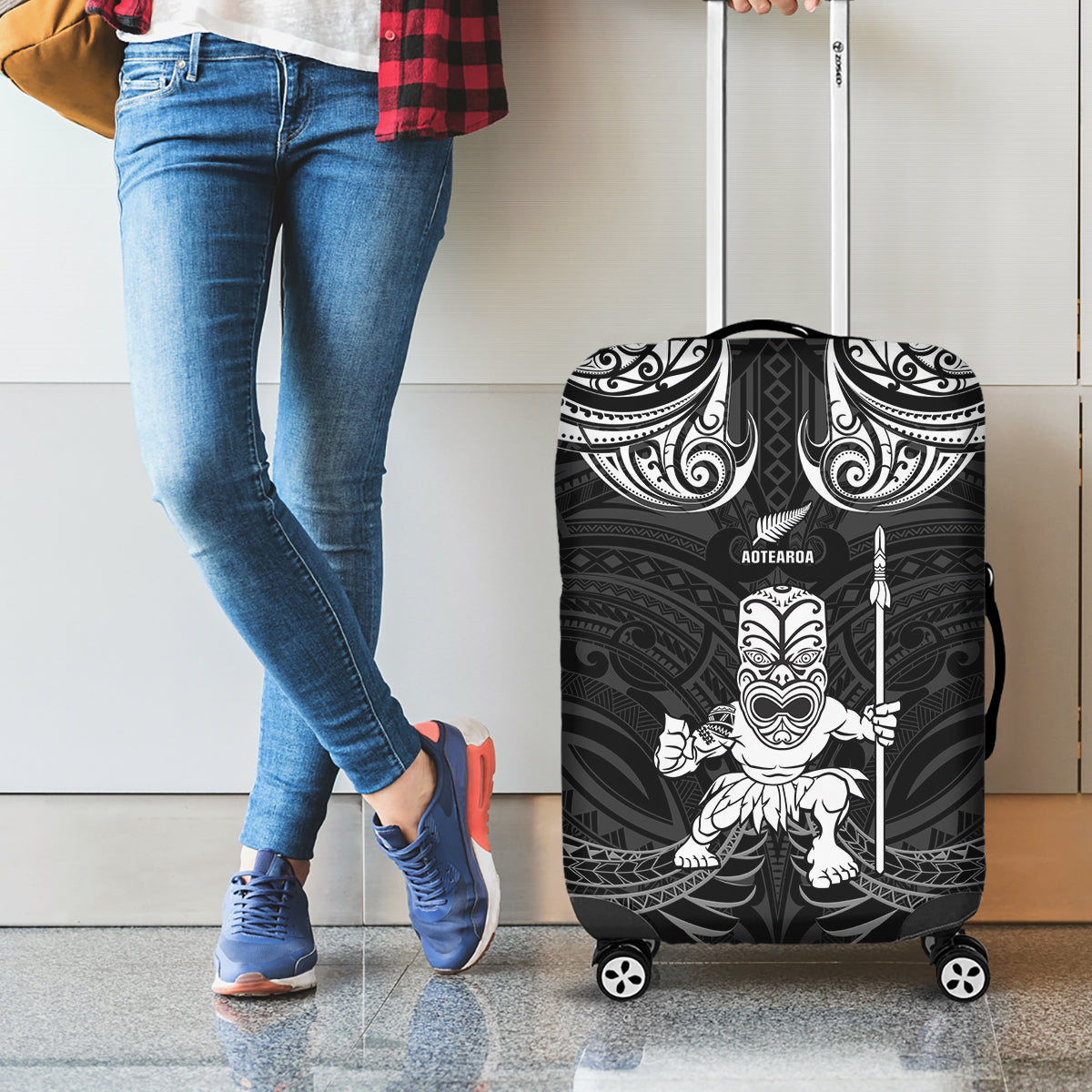 New Zealand Maori Taiaha Luggage Cover Tiki Warrior Black LT05 - Polynesian Pride