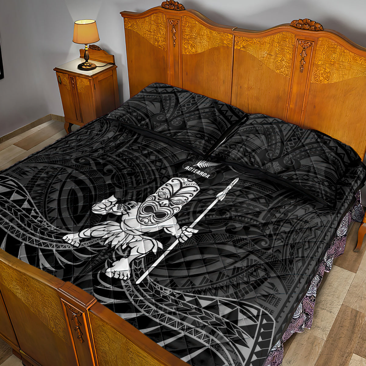 New Zealand Maori Taiaha Quilt Bed Set Tiki Warrior Black LT05 - Polynesian Pride