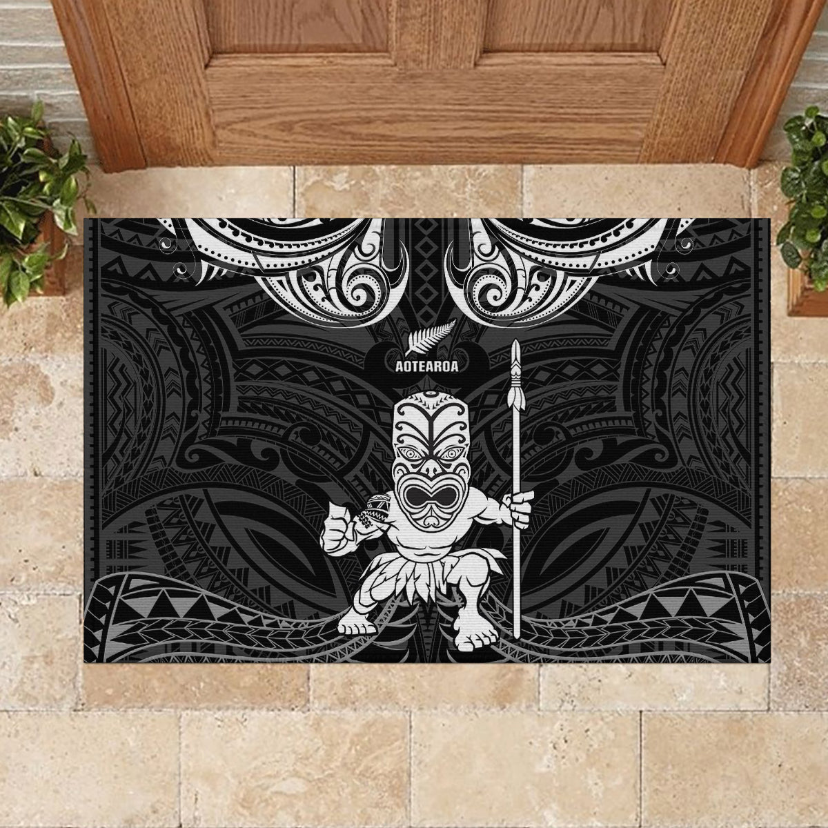 New Zealand Maori Taiaha Rubber Doormat Tiki Warrior Black LT05 - Polynesian Pride