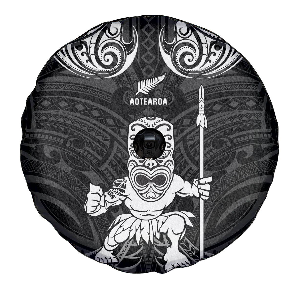 New Zealand Maori Taiaha Spare Tire Cover Tiki Warrior Black LT05 - Polynesian Pride