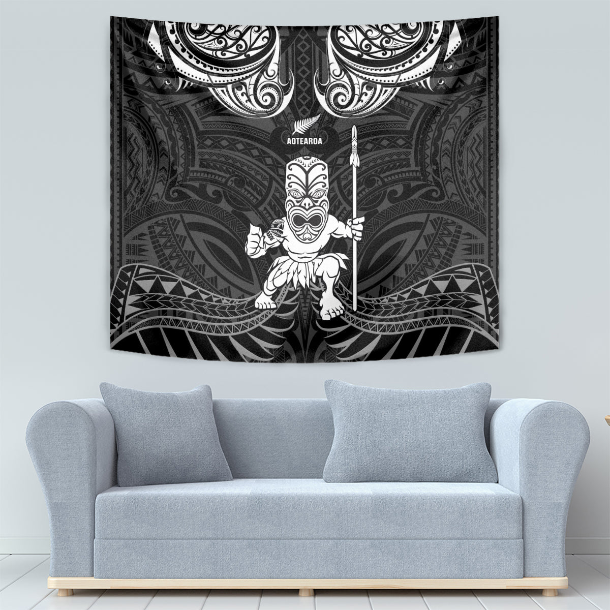 New Zealand Maori Taiaha Tapestry Tiki Warrior Black LT05 - Polynesian Pride