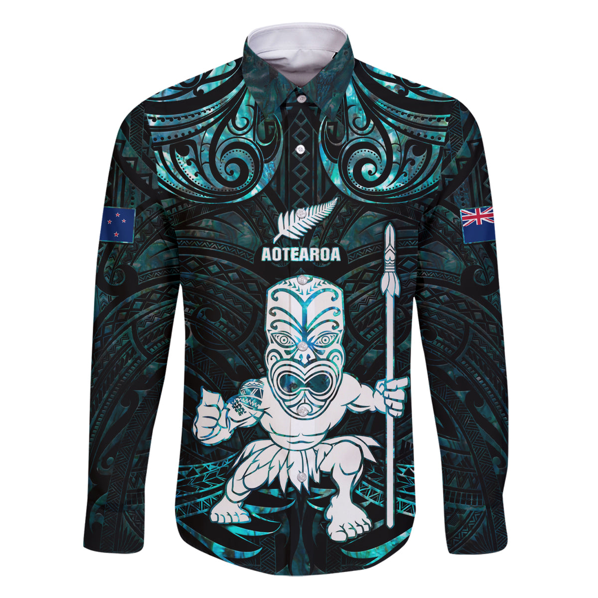 Custom New Zealand Maori Taiaha Family Matching Long Sleeve Bodycon Dress and Hawaiian Shirt Tiki Warrior Paua Shell LT05 Dad's Shirt - Long Sleeve Black - Polynesian Pride