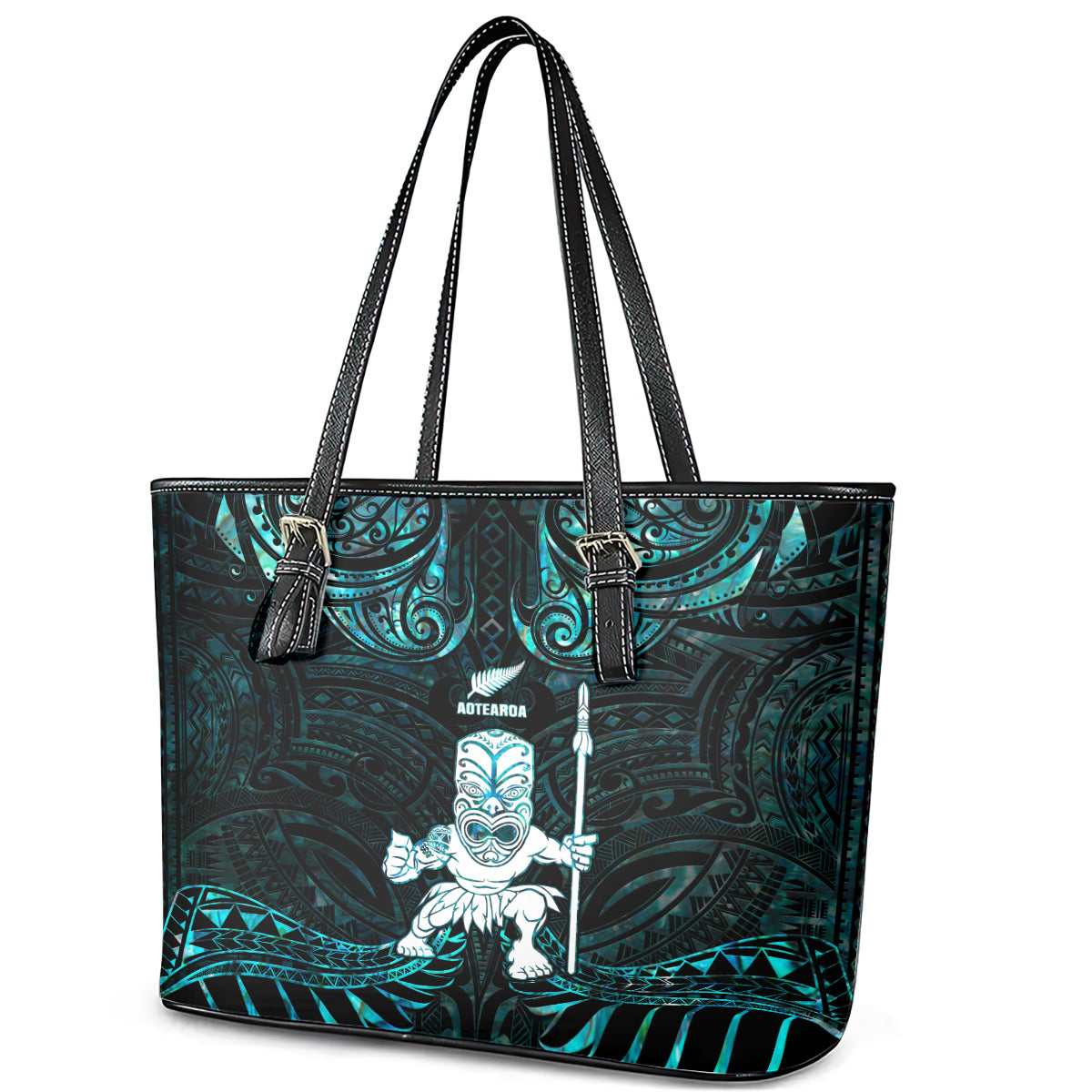 New Zealand Maori Taiaha Leather Tote Bag Tiki Warrior Paua Shell LT05 - Polynesian Pride