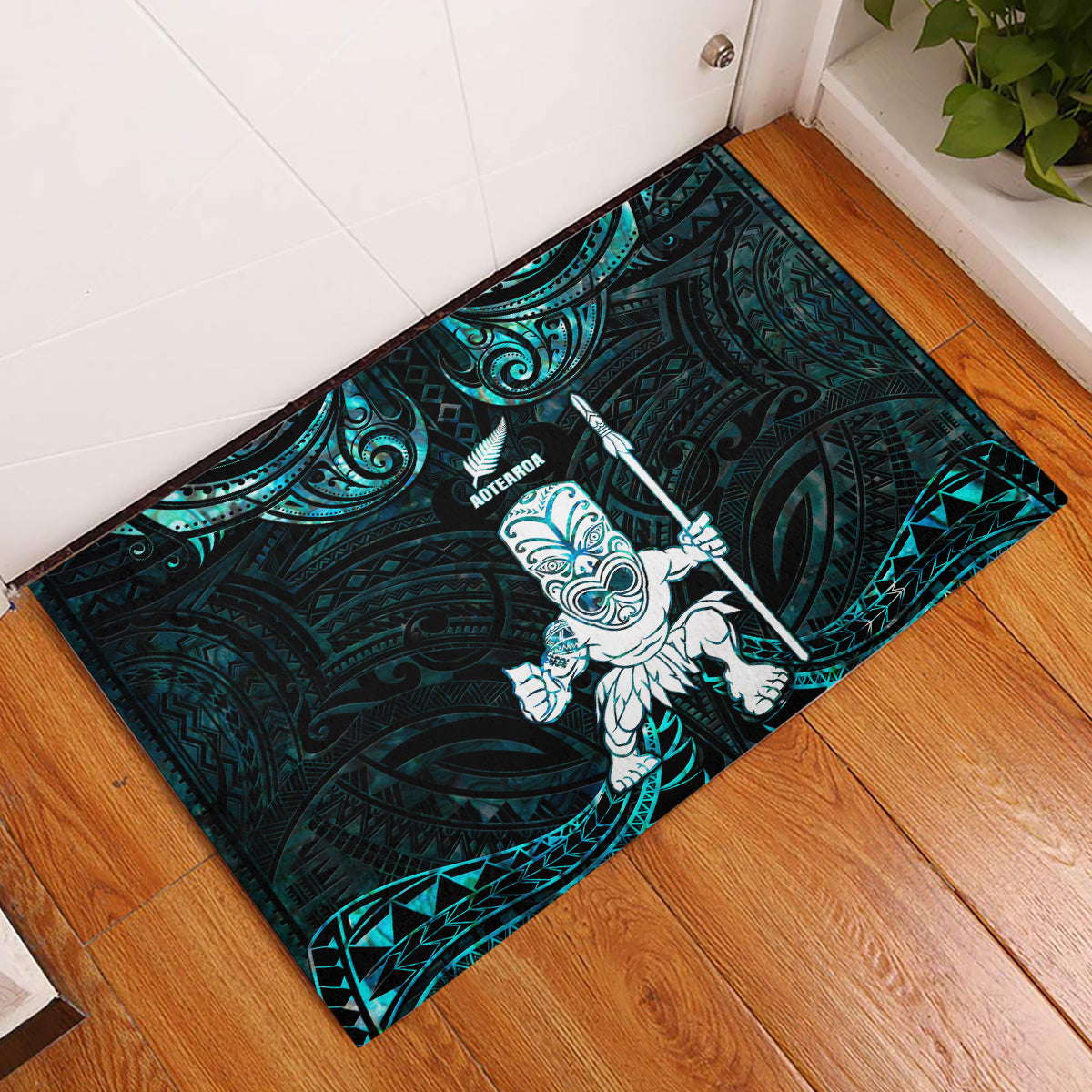 New Zealand Maori Taiaha Rubber Doormat Tiki Warrior Paua Shell LT05 Black - Polynesian Pride