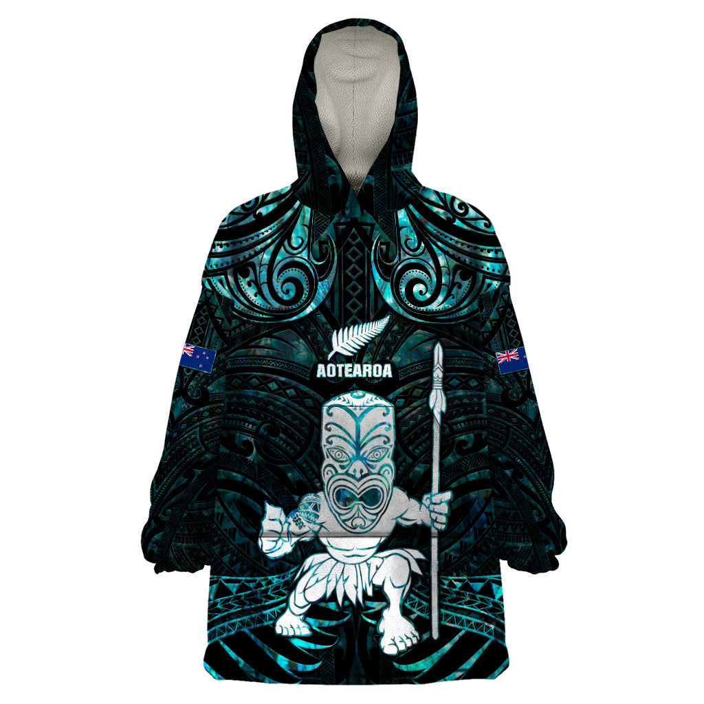 Custom New Zealand Maori Taiaha Wearable Blanket Hoodie Tiki Warrior Paua Shell LT05 One Size Black - Polynesian Pride