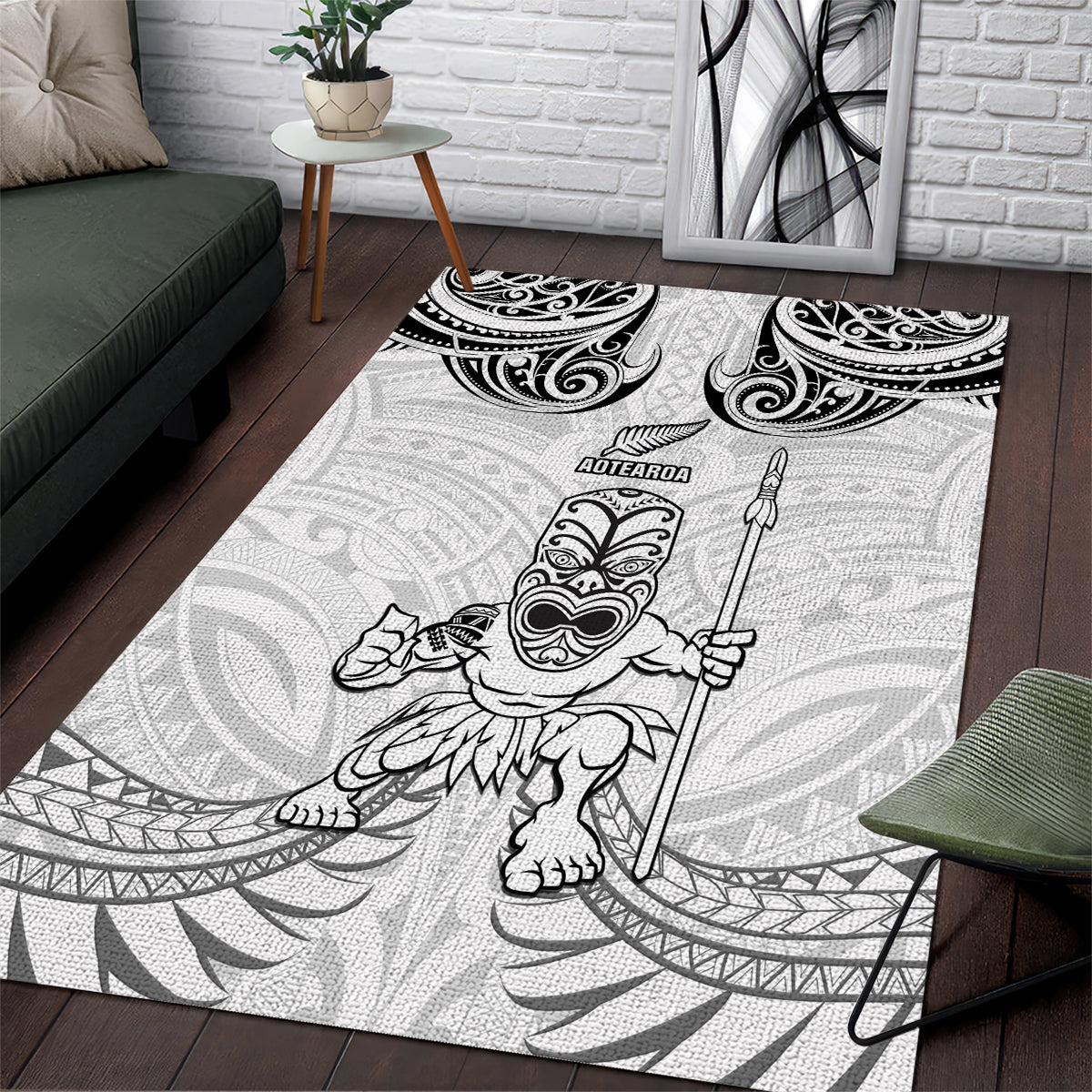 New Zealand Maori Taiaha Area Rug Tiki Warrior White LT05 White - Polynesian Pride