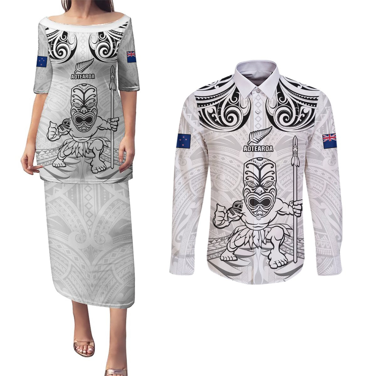 Custom New Zealand Maori Taiaha Couples Matching Puletasi and Long Sleeve Button Shirt Tiki Warrior White LT05 White - Polynesian Pride