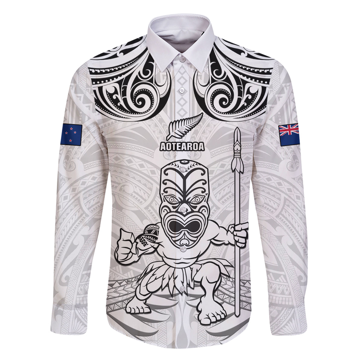 Custom New Zealand Maori Taiaha Family Matching Off Shoulder Long Sleeve Dress and Hawaiian Shirt Tiki Warrior White LT05 Dad's Shirt - Long Sleeve White - Polynesian Pride