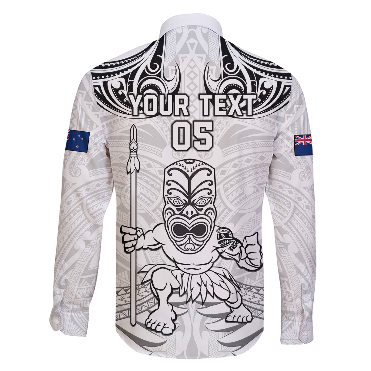 Custom New Zealand Maori Taiaha Family Matching Off Shoulder Long Sleeve Dress and Hawaiian Shirt Tiki Warrior White LT05 - Polynesian Pride