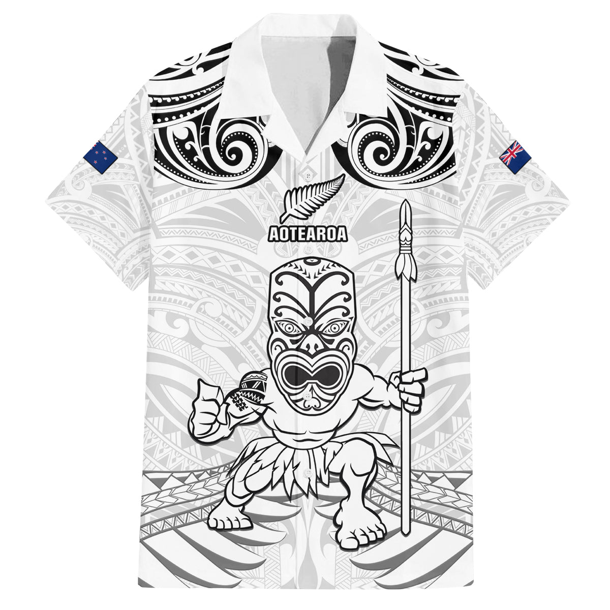 Custom New Zealand Maori Taiaha Family Matching Puletasi and Hawaiian Shirt Tiki Warrior White LT05 Dad's Shirt - Short Sleeve White - Polynesian Pride
